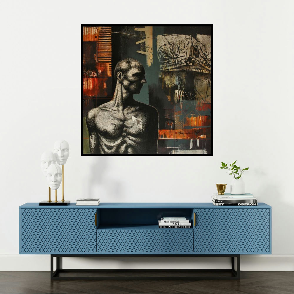 'Untitled' painting by Palash Halder shown on a wall in a furnished room.