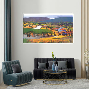 Hari Dhongade's 'Untitled (Verdant Hills)' painting visualized above a sofa in a contemporary room.