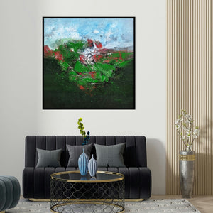 Dnyaneshwar Dhavale's 'Untitled (Lush Green Landscape)' painting visualized above a sofa in a contemporary room.