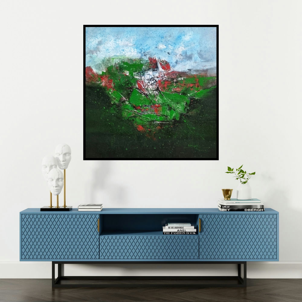 'Untitled (Lush Green Landscape)' painting by Dnyaneshwar Dhavale shown on a wall in a furnished room.