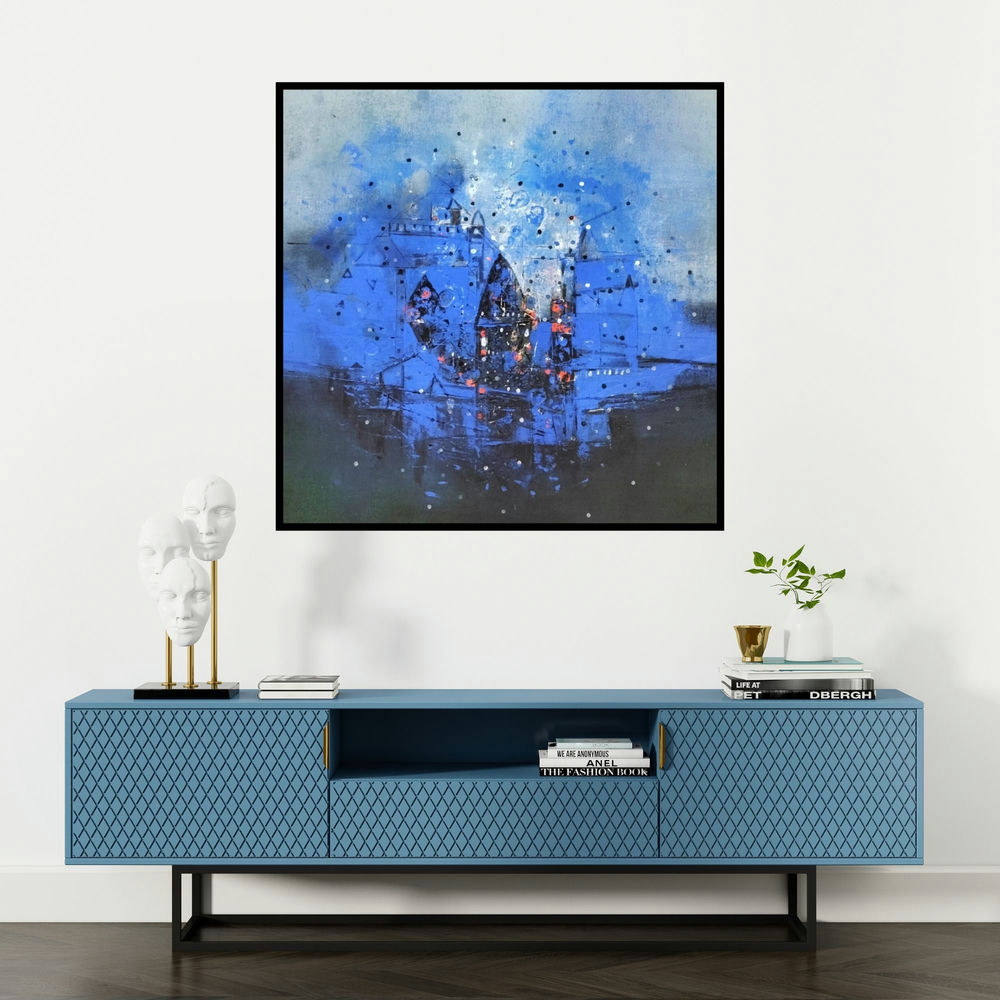 'Untitled (Blue Nocturne)' painting by Dnyaneshwar Dhavale shown on a wall in a furnished room.