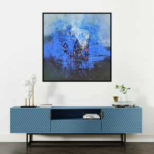 'Untitled (Blue Nocturne)' painting by Dnyaneshwar Dhavale shown on a wall in a furnished room.