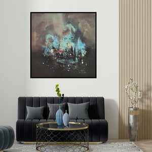 Dnyaneshwar Dhavale's 'Untitled (Mystic Harbor)' painting visualized above a sofa in a contemporary room.