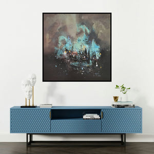 'Untitled (Mystic Harbor)' painting by Dnyaneshwar Dhavale shown on a wall in a furnished room.
