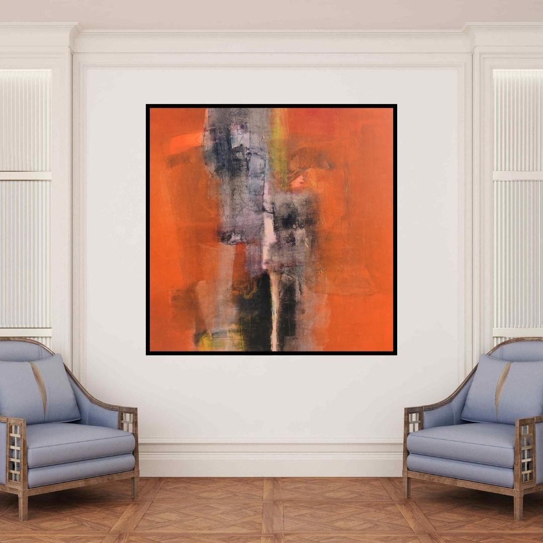 In-situ view of Umesh Patil's 'Untitled 5 (Vermillion Ascent)' painting in a room