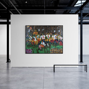 Preview of 'Untitled 5 (The Flute Player and His Muse)' Painting by Subhash Babhulkar shown on a wall in a furnished room.