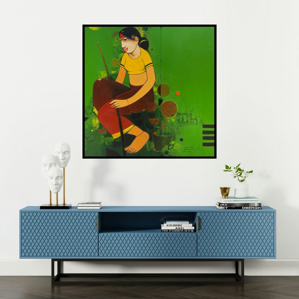 'Untitled 5' painting by Anand Panchal shown on a wall in a furnished room.