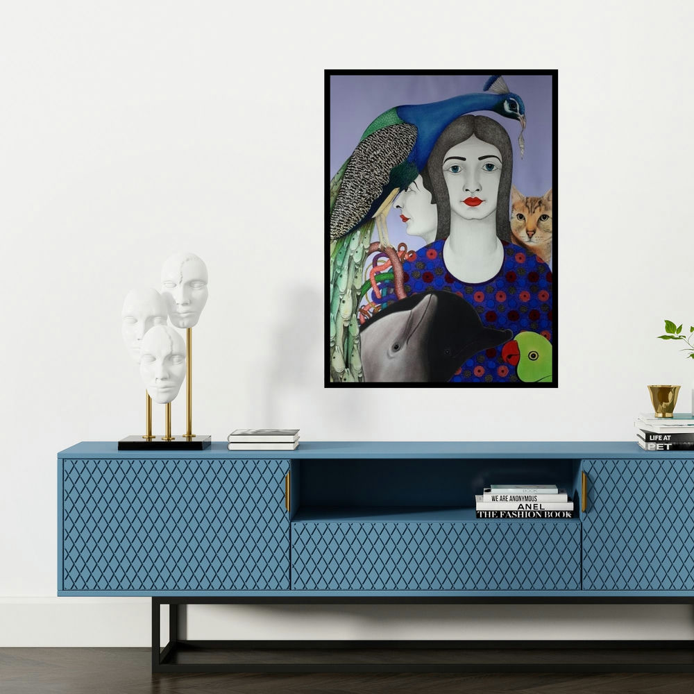 'Untitled 5 (The Serene Portrait)' painting by Rajesh Salagaonkar shown on a wall in a furnished room.