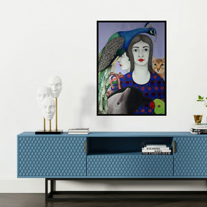 'Untitled 5 (The Serene Portrait)' painting by Rajesh Salagaonkar shown on a wall in a furnished room.