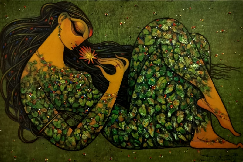 Untitled 5' figurative acrylic painting by artist Ramesh Gujar, 36x48 inch, on canvas