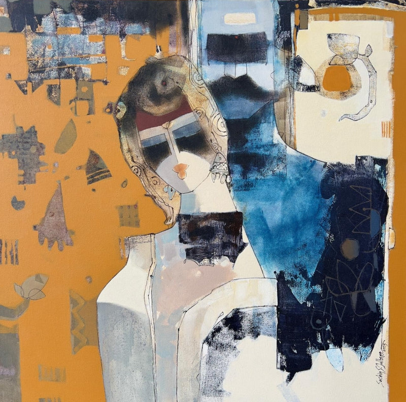 Untitled 5' figurative mixed-media painting by artist Sachin Jaltare, 30x30 inch, on canvas