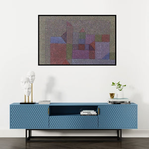 Preview of 'Untitled 5 (Abstract Cityscape)' Painting by Ganesh Chavan shown on a wall in a furnished room.