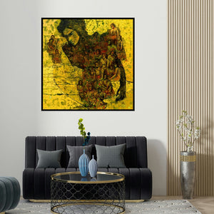 Swati Sable's 'Untitled 5 (Figure with Group)' painting visualized above a sofa in a contemporary room.