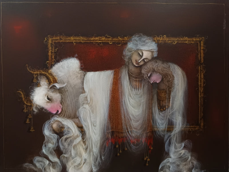 Untitled 5' figurative acrylic painting by artist Mintu Mallick, 36x48 inch, on canvas