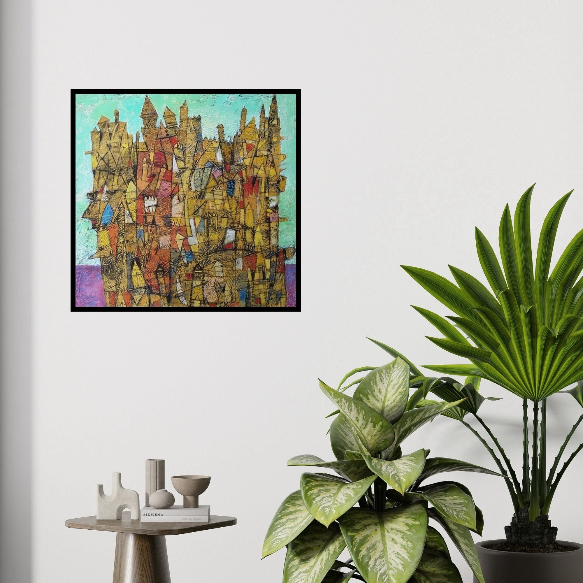 In-situ view of Biswajit Mondal's 'Untitled 5 (Urban Dreamscape)' painting in a room