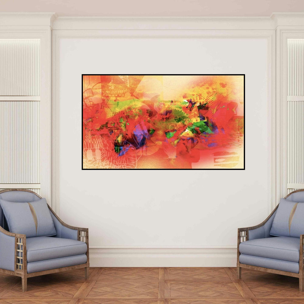 'Untitled 5 (Urban Collage)' painting by Sunil Balkawade shown on a wall in a furnished room.