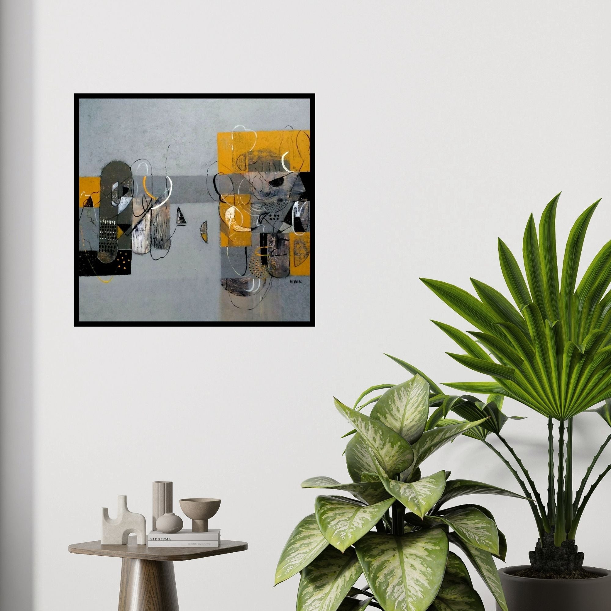 In-situ view of Vivek Nimbolkar's 'Untitled 5 (Gray and Gold Composition)' painting in a room