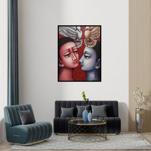 Preview of 'Untitled 5 (A Love Duet)' Painting by Amar Sultan shown on a wall in a furnished room.