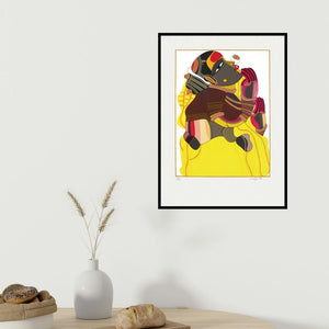 Thota Vaikuntam's 'Untitled 5 (Untitled 5 (Yellow Serigraphs))' painting visualized above a sofa in a contemporary room.