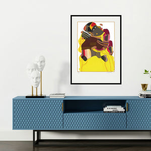 'Untitled 5 (Untitled 5 (Yellow Serigraphs))' painting by Thota Vaikuntam shown on a wall in a furnished room.