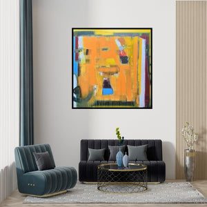 Preview of 'Untitled 5 (Abstract in Yellow and Orange)' Painting by Sachin Pakhale shown on a wall in a furnished room.