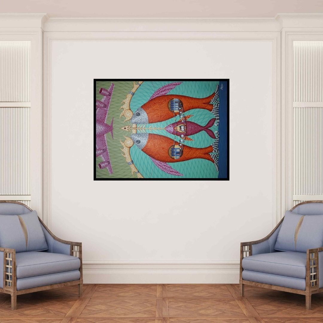 In-situ view of Arvind Dubey's 'Untitled 5 (Fish Tales)' painting in a room