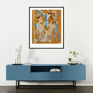 K G Subramanyan's 'Untitled 5 (Mythological Encounter)' painting visualized above a sofa in a contemporary room.