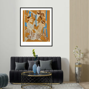'Untitled 5 (Mythological Encounter)' painting by K G Subramanyan shown on a wall in a furnished room.