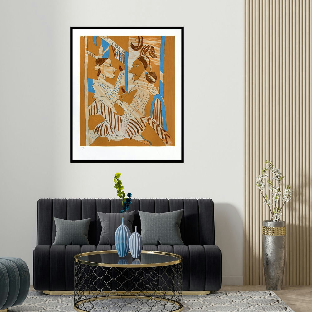 'Untitled 5 (Mythological Encounter)' painting by K G Subramanyan shown on a wall in a furnished room.