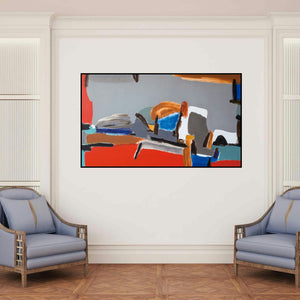 'Untitled 5 (Urban Rhythms)' painting by Vikas Malhara shown on a wall in a furnished room.