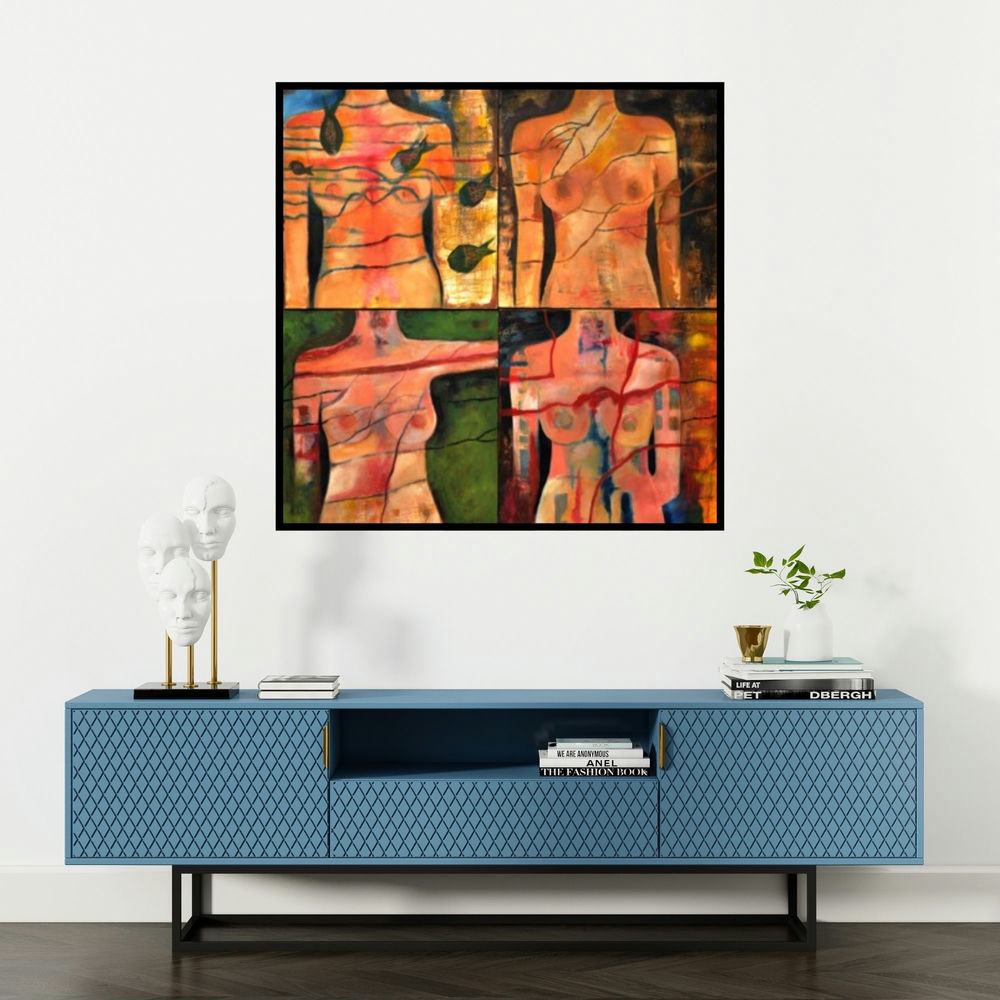 'Untitled 5' painting by Sunayana Malhotra shown on a wall in a furnished room.