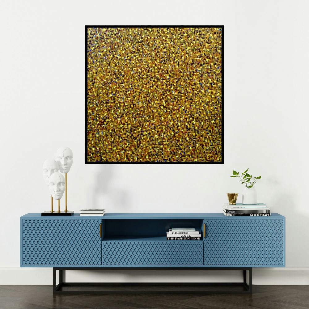 'Untitled 5 (A Tapestry of Gold)' painting by Vinit Kumar shown on a wall in a furnished room.