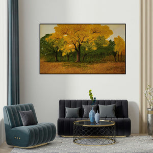 Shuvankar Maitra's 'Untitled (Autumn's Golden Embrace)' painting visualized above a sofa in a contemporary room.