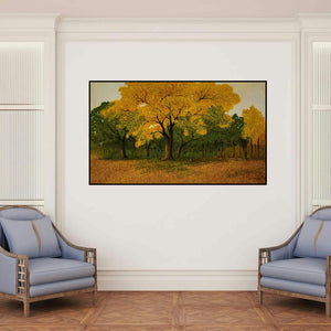 'Untitled (Autumn's Golden Embrace)' painting by Shuvankar Maitra shown on a wall in a furnished room.