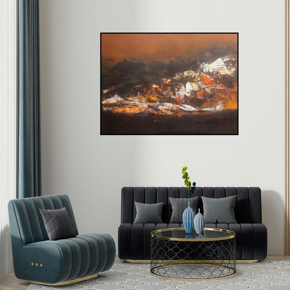 'Untitled 51 (Twilight Hamlet)' painting by Dnyaneshwar Dhavale shown on a wall in a furnished room.