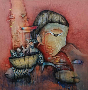 Untitled (Abundant Catch) by Pooja Mhatre, Original Acrylic Figurative Painting on Canvas, Medium Square Wall Art