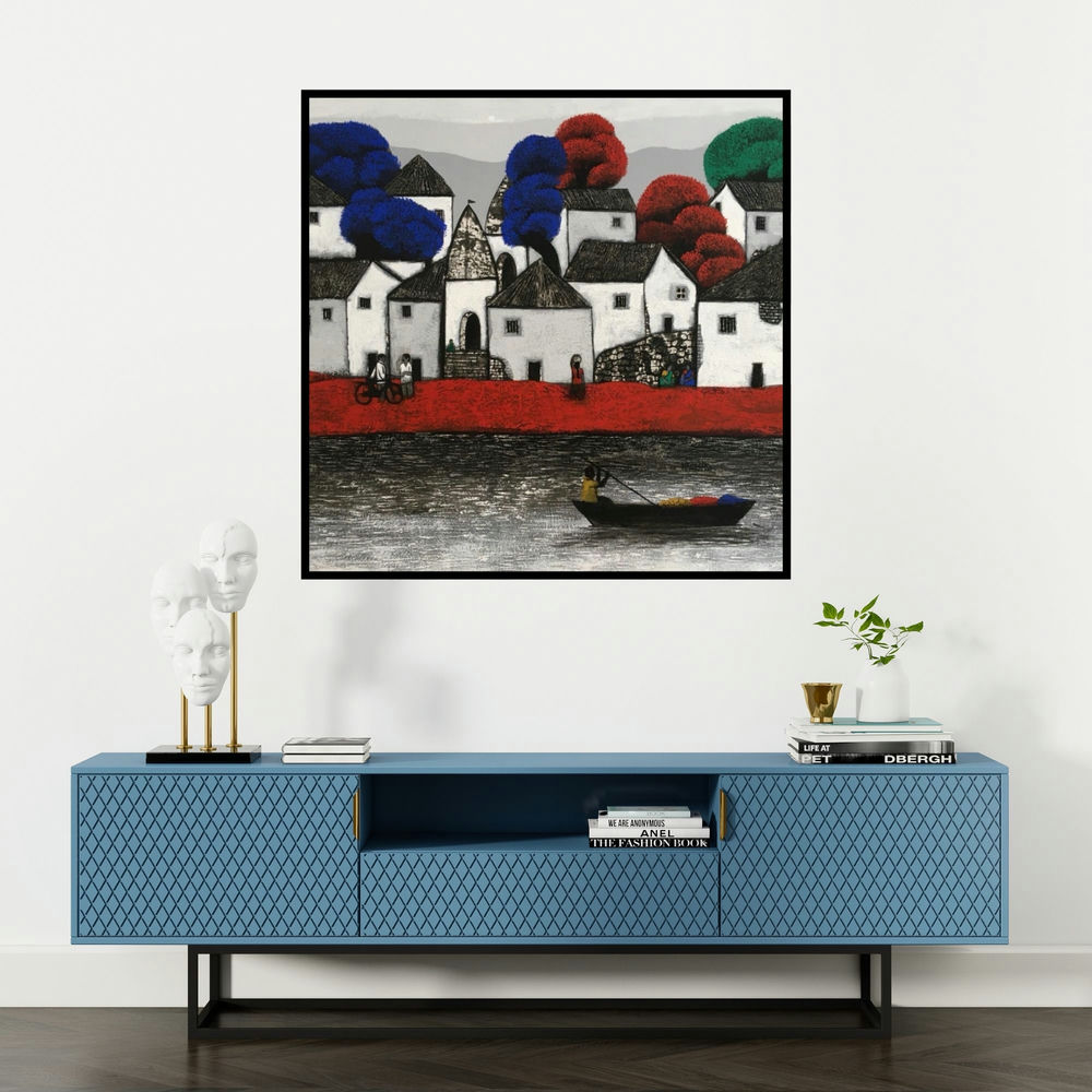 'Untitled 52 (A Vibrant Village Scene)' painting by Nagesh Ghodke shown on a wall in a furnished room.