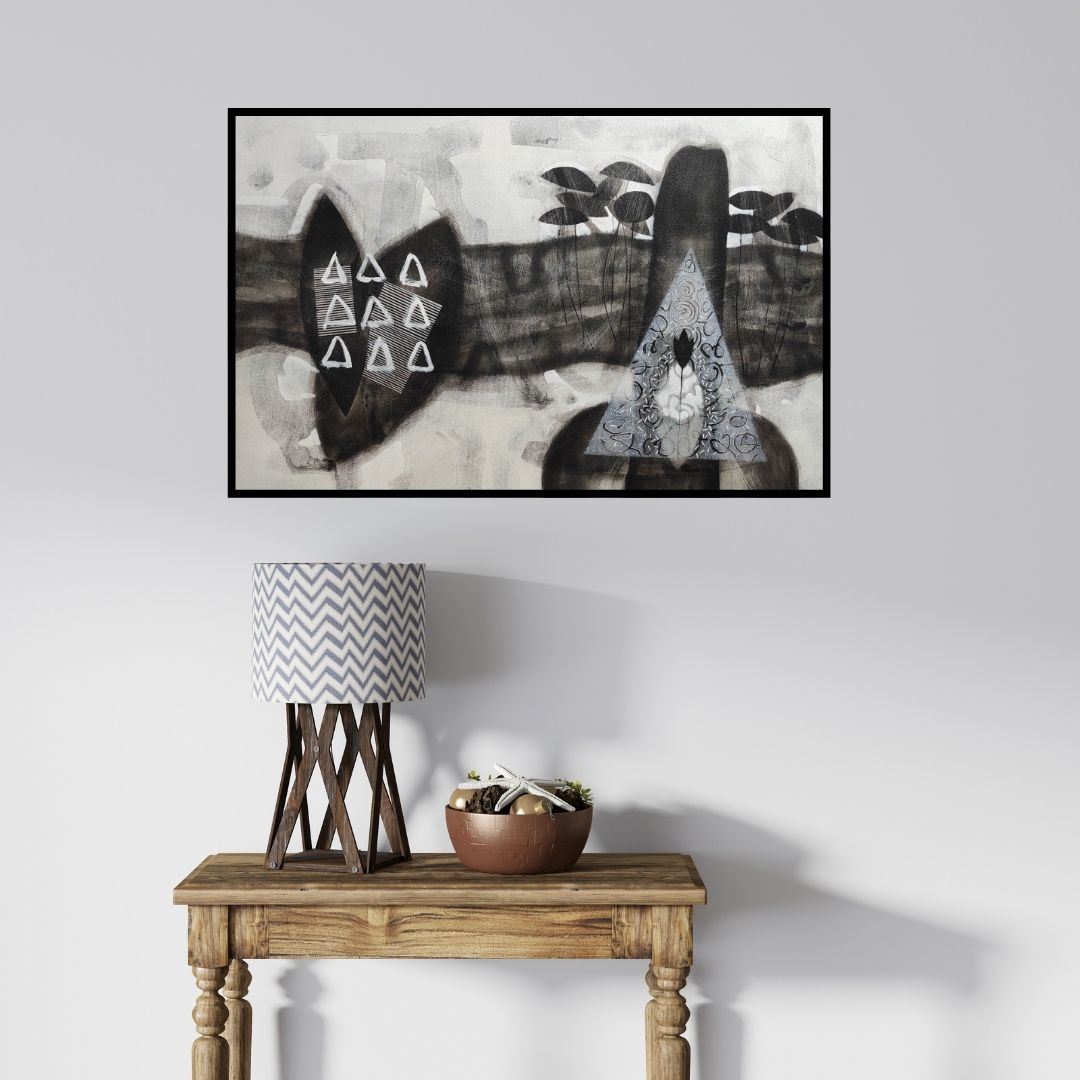 In-situ view of Narendra Jatav's 'Untitled 52 (The Enigma Within)' painting in a room