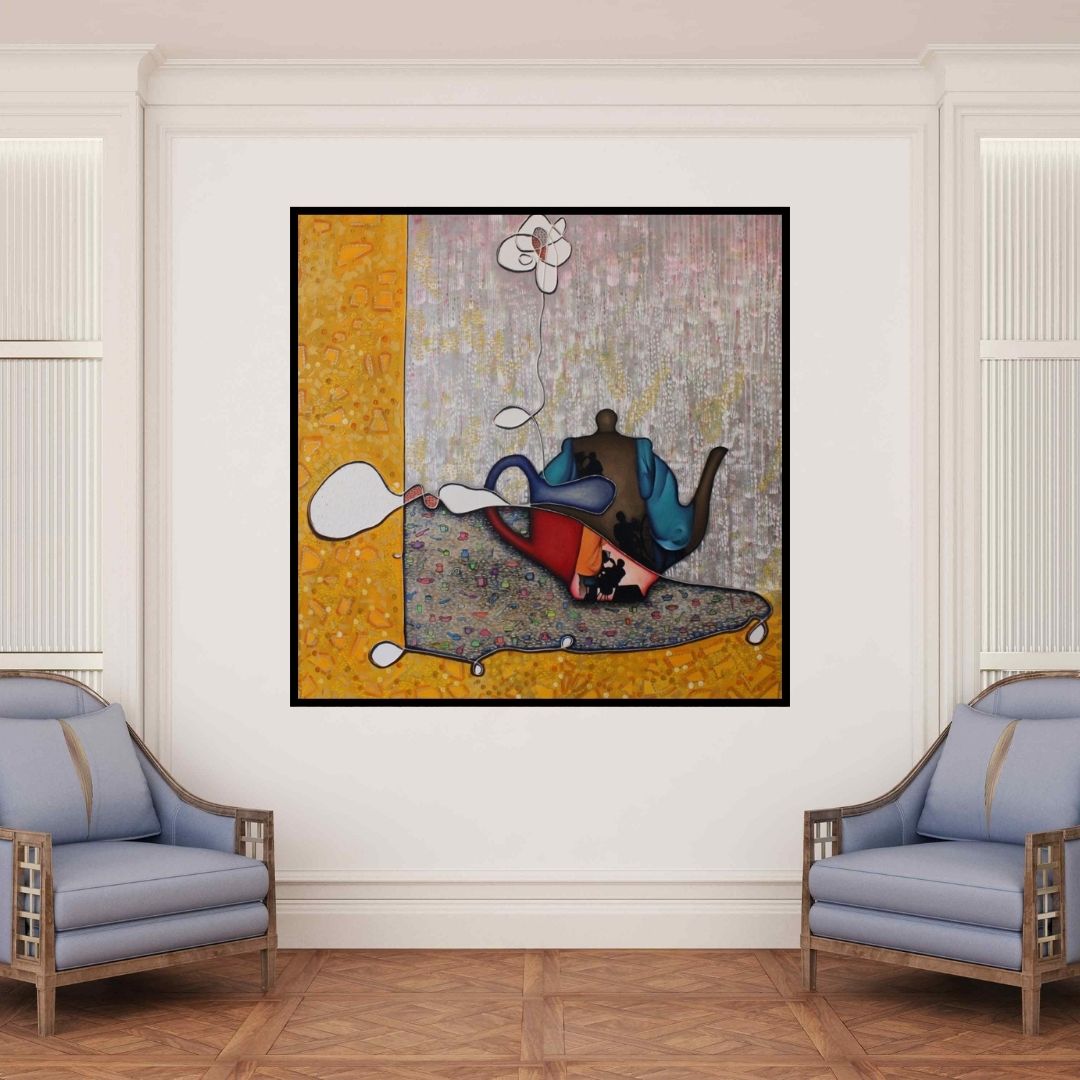 In-situ view of Sangeeta Singh's 'Untitled 52 (A World Within a Teapot)' painting in a room