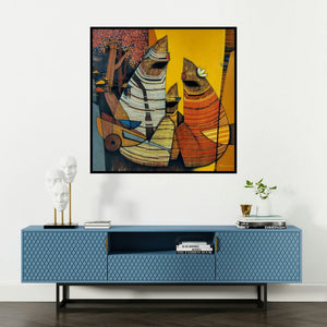 'Untitled 52' painting by Rahul Dangat shown on a wall in a furnished room.