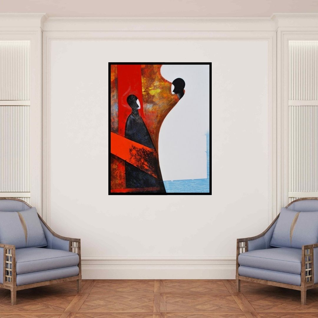 In-situ view of Narayan Shelke's 'Untitled (Duality of Self: A Divided Reflection)' painting in a room