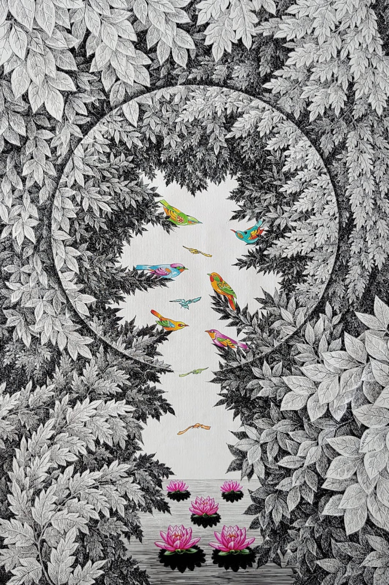 Untitled' nature mixed-media painting by artist Umakant Kanade, 36x24 inch, on canvas