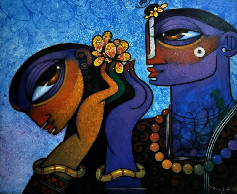 Untitled' figurative acrylic painting by artist Ramesh Gujar, 51x62 inch, on canvas