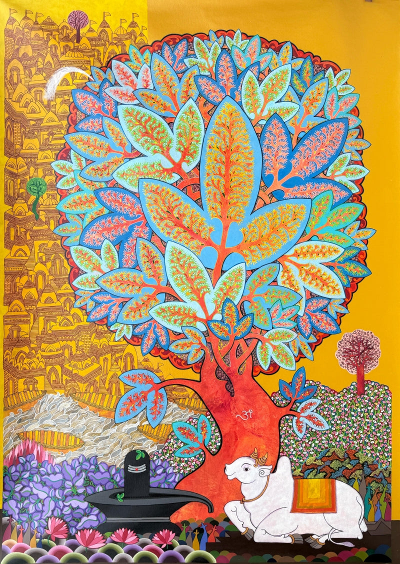 Untitled' religious acrylic painting by artist Chandra Morkonda, 72x50 inch, on canvas