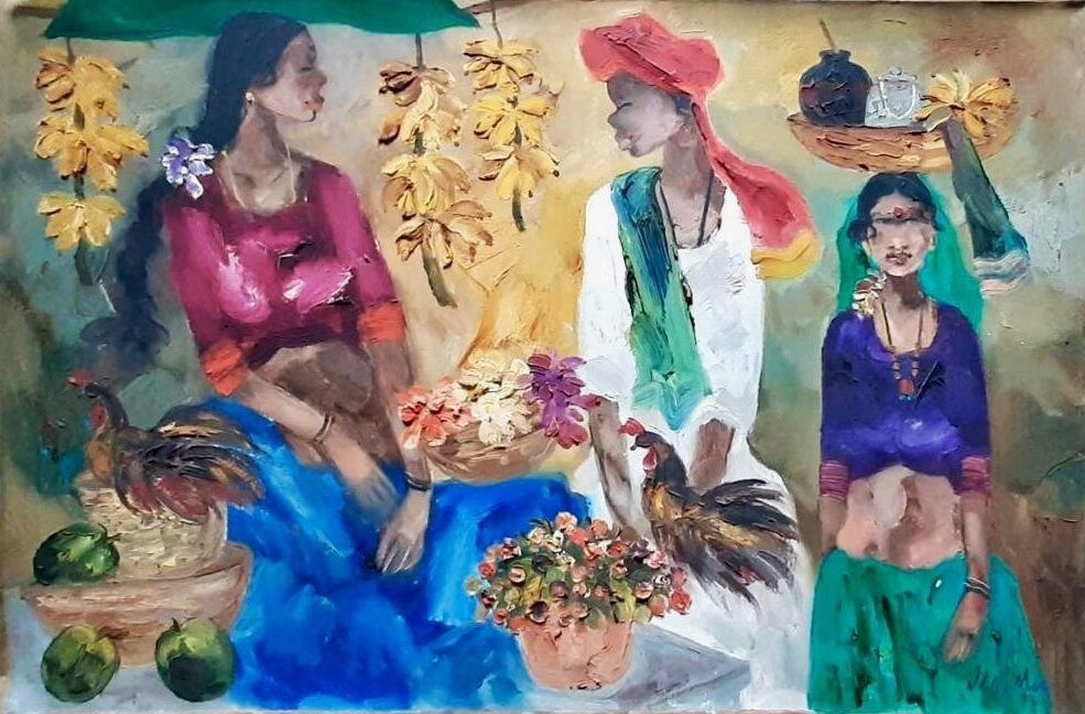 Untitled' figurative acrylic painting by artist Jms Mani, 24x36 inch, on canvas
