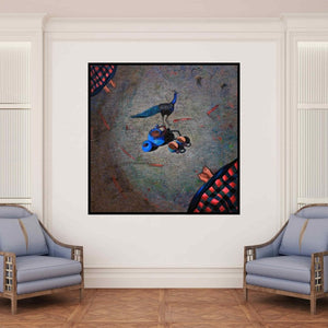 In-situ view of Sangeeta Singh's 'Untitled 53 (A Peacock's Tea Party)' painting in a room