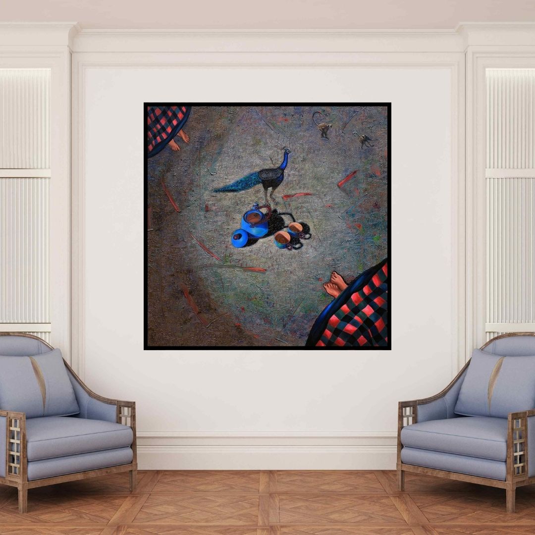 In-situ view of Sangeeta Singh's 'Untitled 53 (A Peacock's Tea Party)' painting in a room