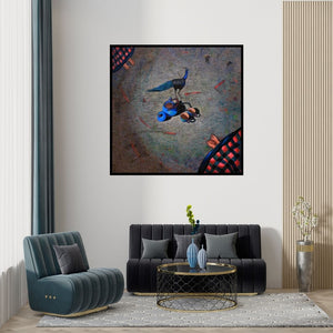 Preview of 'Untitled 53 (A Peacock's Tea Party)' Painting by Sangeeta Singh shown on a wall in a furnished room.