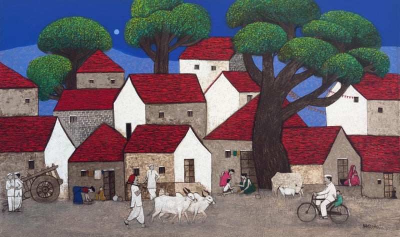 'Untitled' landscape acrylic painting by artist Nagesh Ghodke, 36x60 inch, on canvas