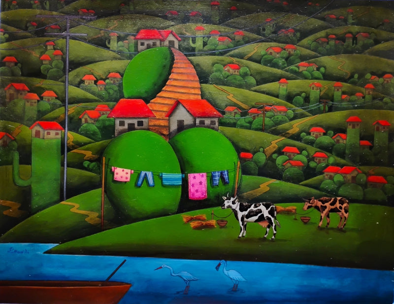 'Untitled' landscape acrylic painting by artist Pallavi Dutta, 20x26 inch, on paper